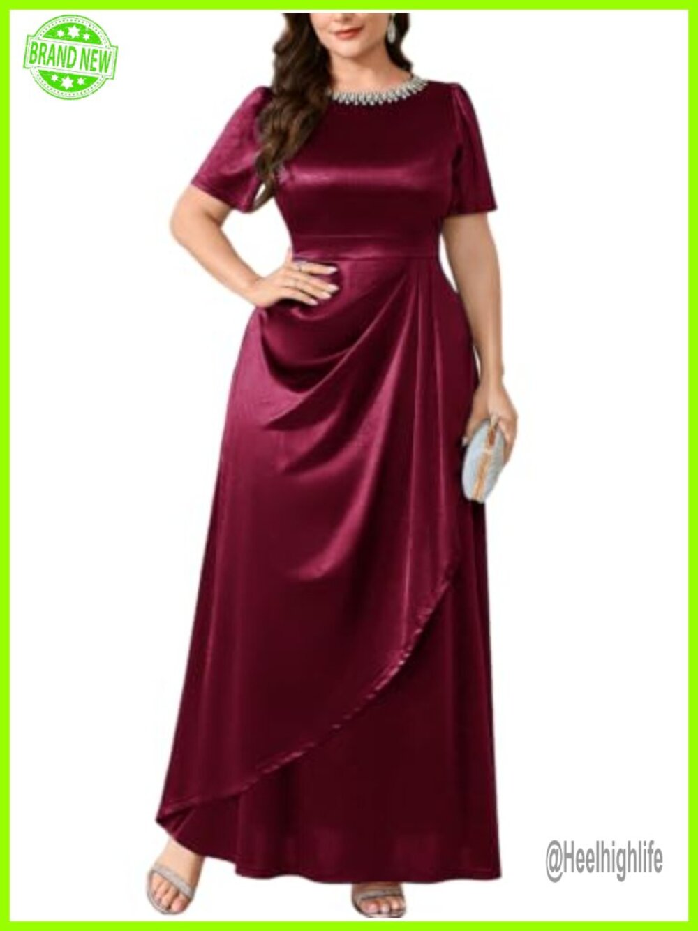Plus Size Satin A-Line Maxi Formal Dress Rhinestone Neck Short Sleeve